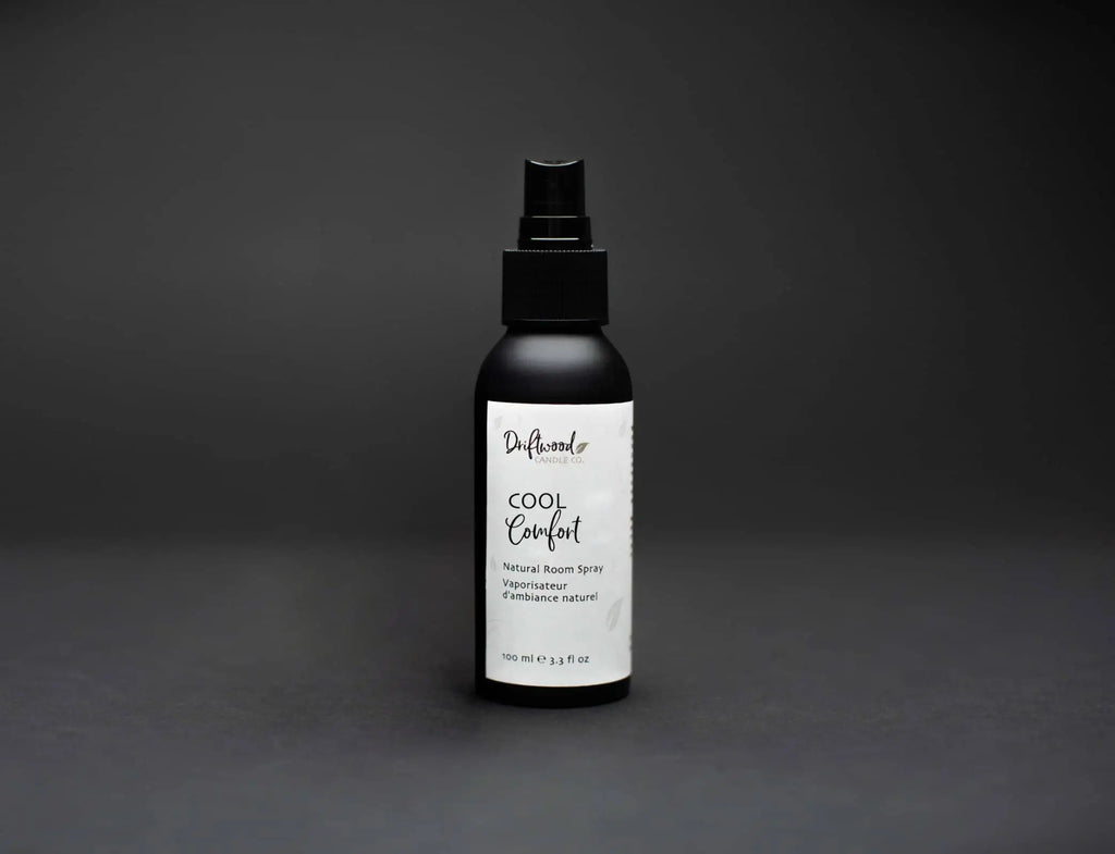 Driffwood Candle co. Cool Comfort Room Spray & Mist photographed on black backdrop.