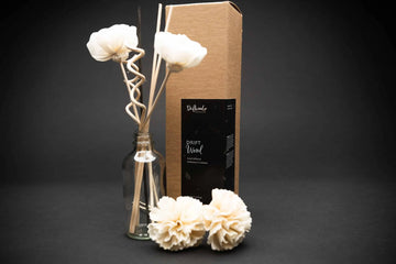 Driftwood Candle Co. Reed Diffuser Set.  Two Sola flowers with two curly reeds and three reed sticks in bottle. Two additional sola flowers lying down between bottle and packaging. Set on a black backdrop for mood.