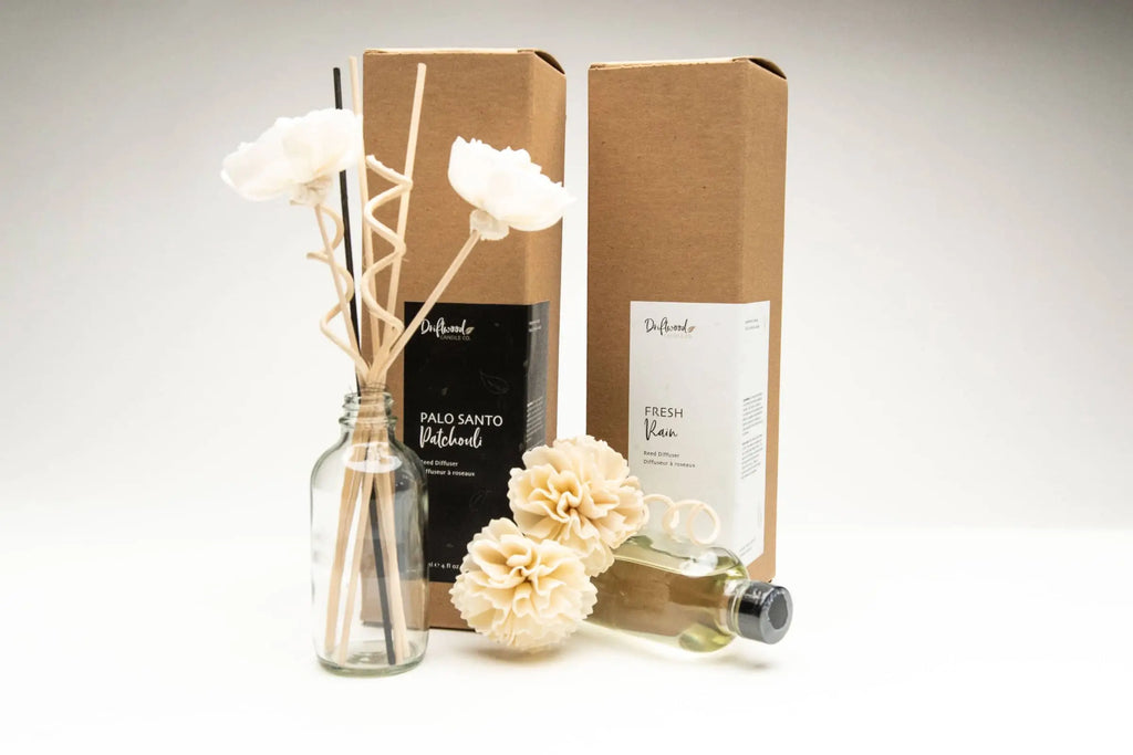 Two Driftwood Candle co. reed sets displayed on a white background.  One bottle is leaning on it's side with two sola flowers leaning against it.  Another bottle is displaying two different sola flowers with two curly sticks and three reed sticks.